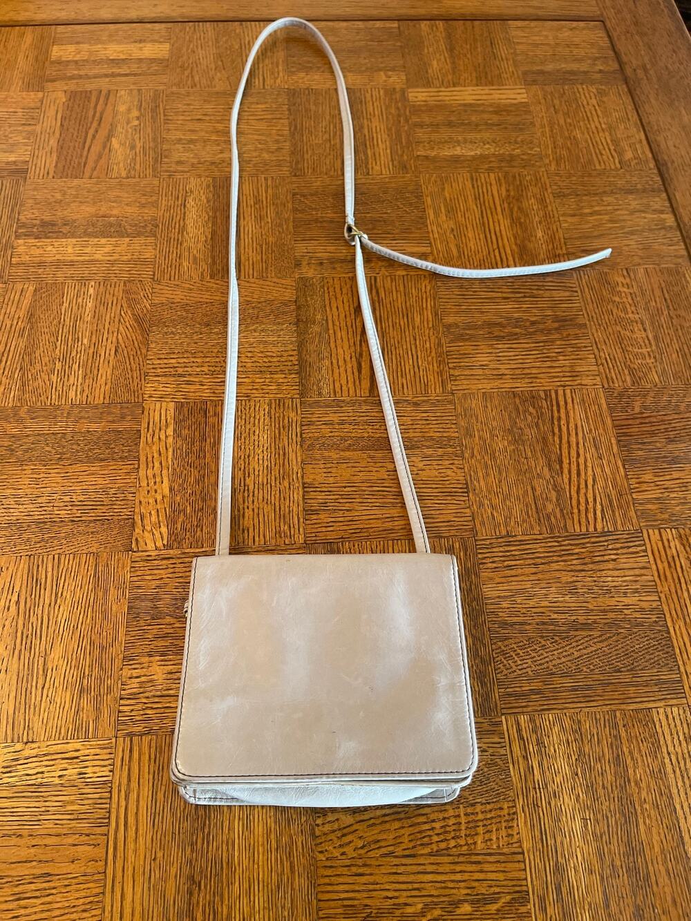 HOBO International taupe/ gray Leather Minimalist Flap Crossbody Bag